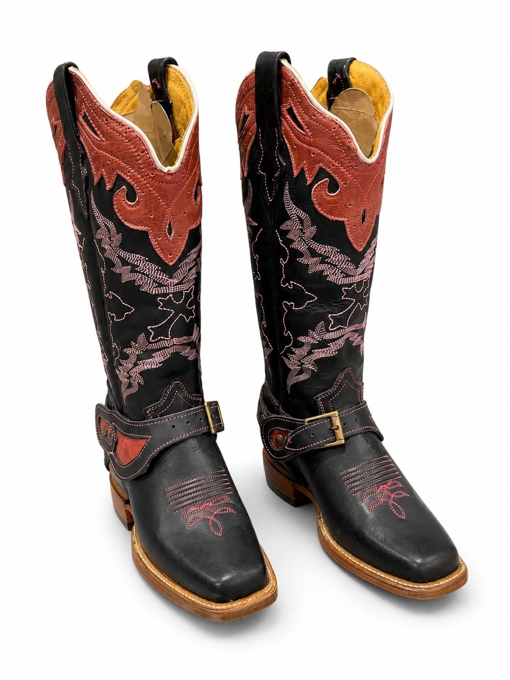 Reyme Black and Rust Western Leather Boots with Pink Stitching